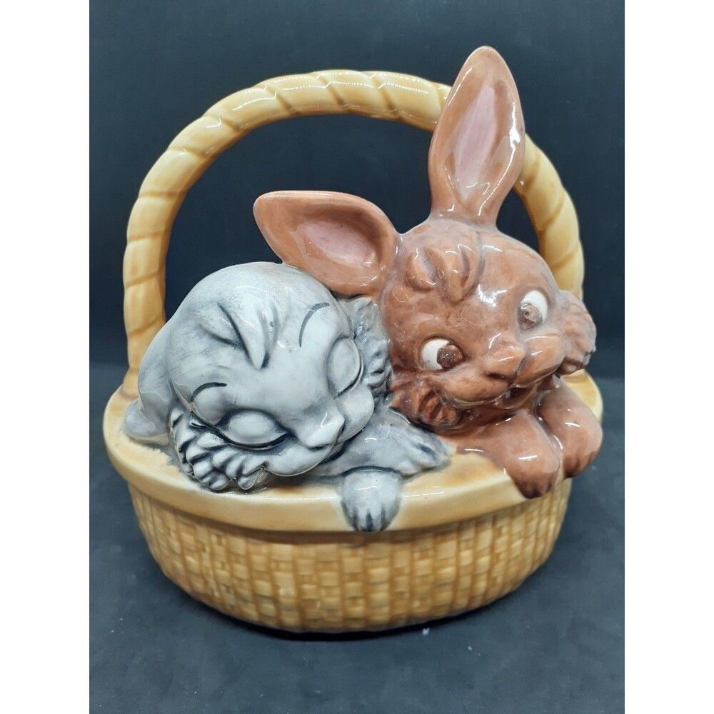 Easter BunnIes in a Basket Rabbit Spring  Ceramic 8" X 7"
